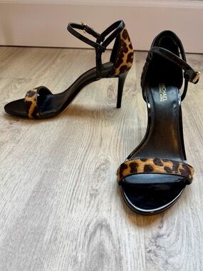 Michael Kors - Black Sandal Heels with Leopard Accent Print - size 6.5